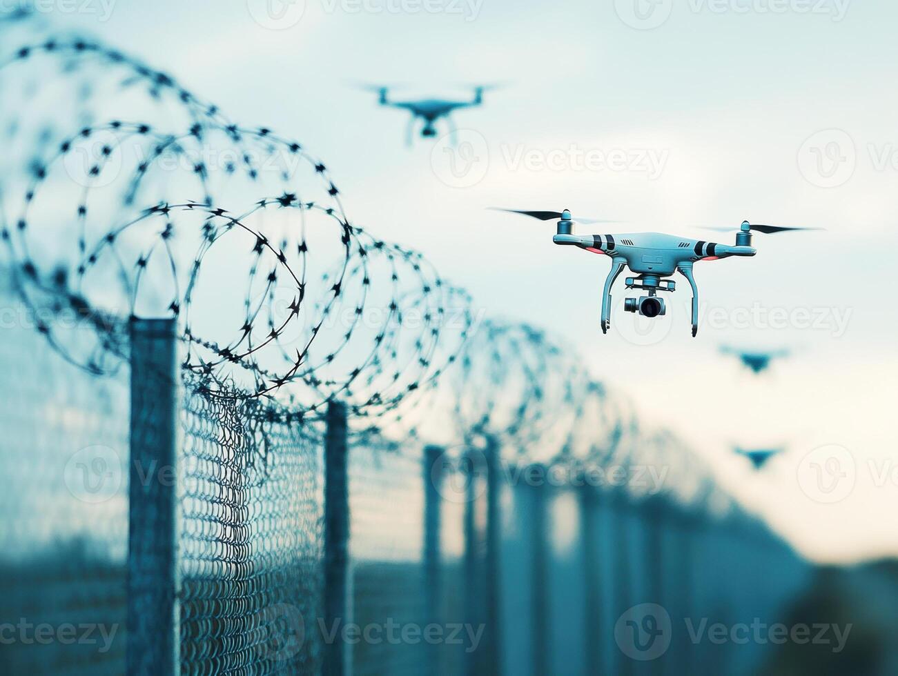 Drones flying near barbed wire fence in an open area photo