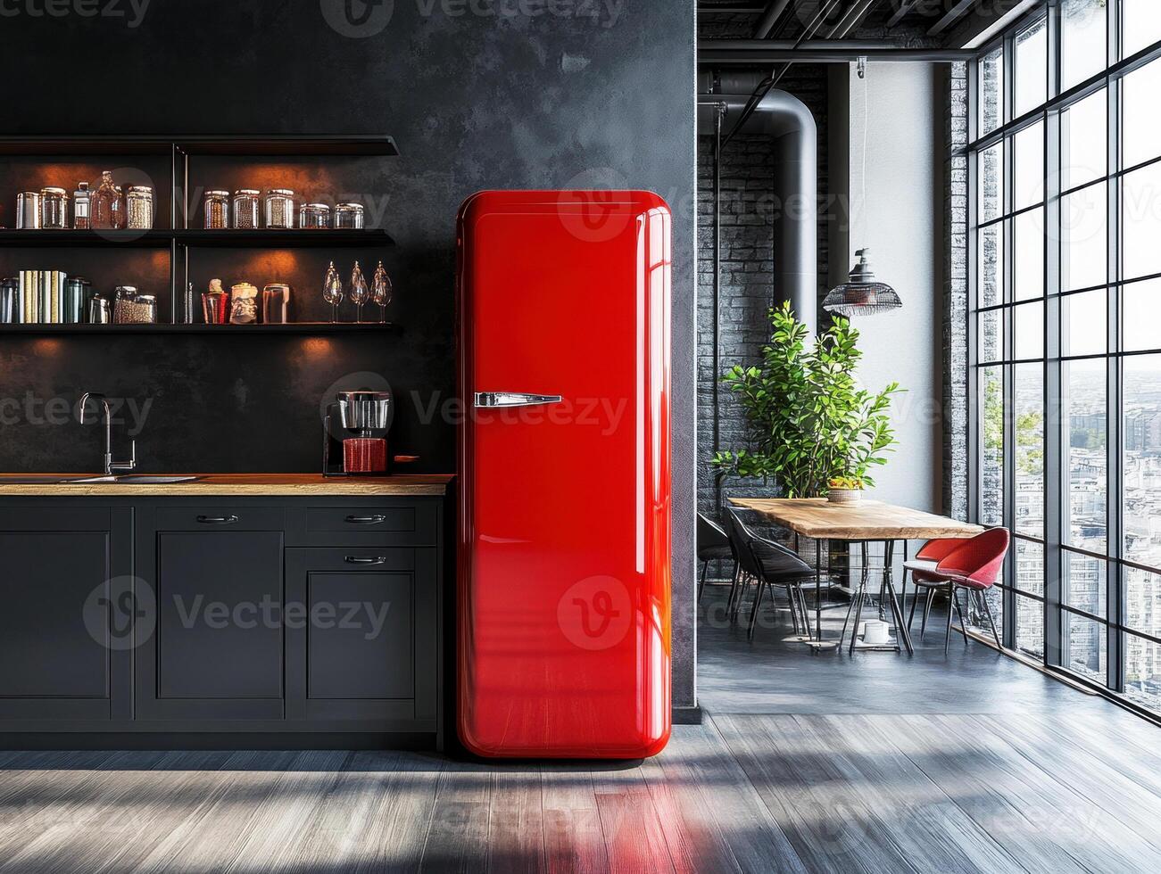 Modern kitchen design featuring a vibrant red refrigerator photo