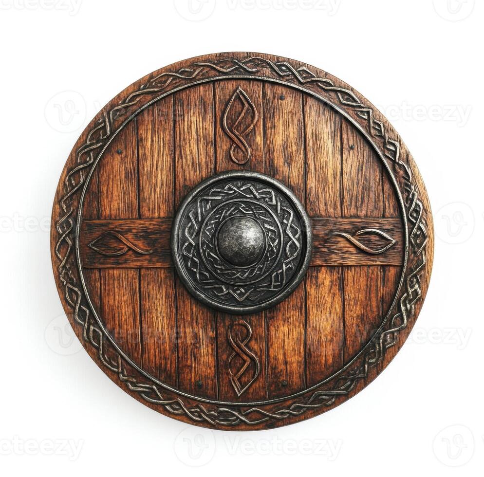 Wooden shield with intricate carvings displayed on a white background photo
