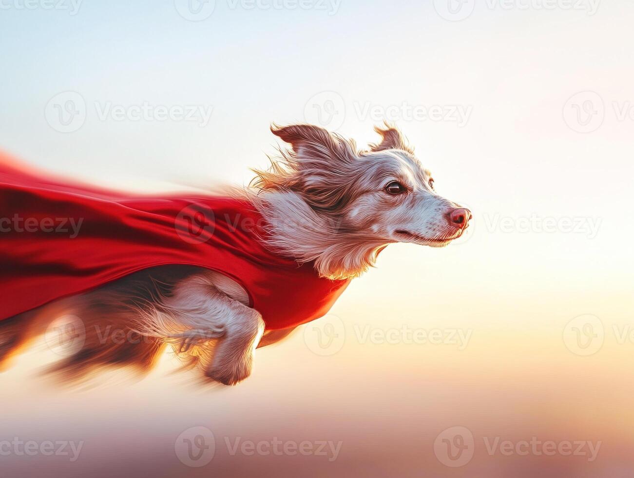 Dog in a red cape soaring through the sunset sky photo