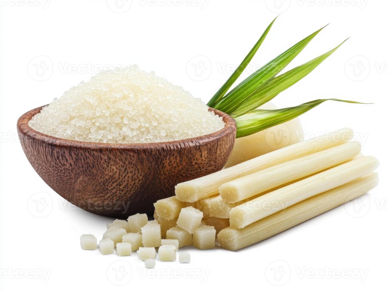 Fresh sugarcane and raw sugar on display with green leaves photo