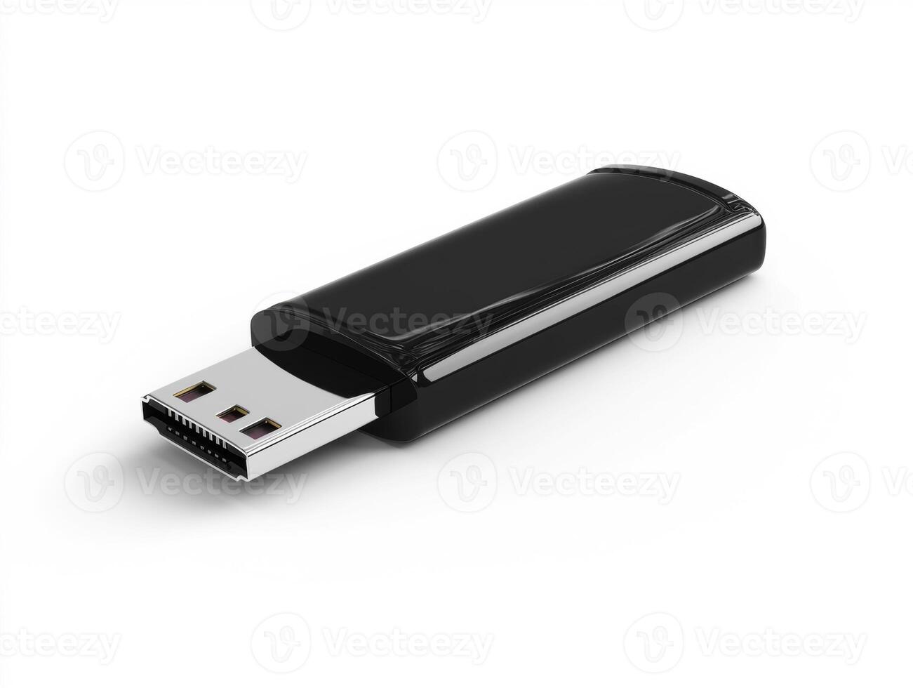 A black USB flash drive is displayed on a white surface photo