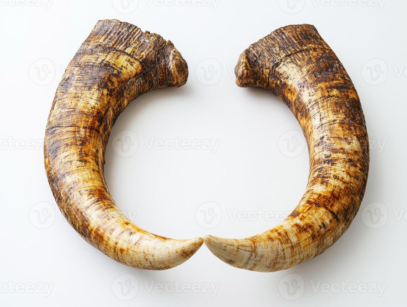 Curved animal horns with unique textures and colors displayed photo