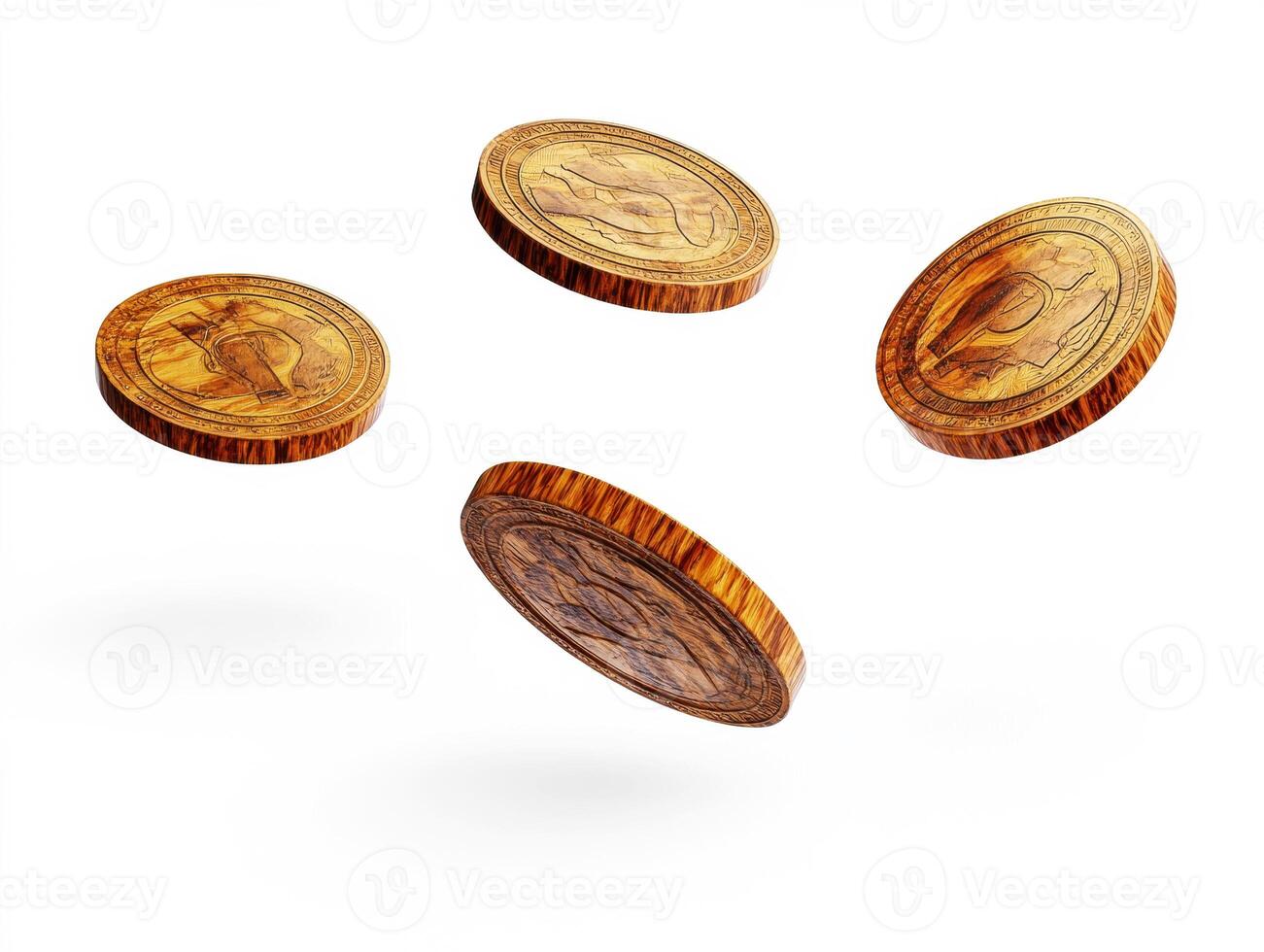 Wooden coins floating in mid-air, showcasing intricate designs photo