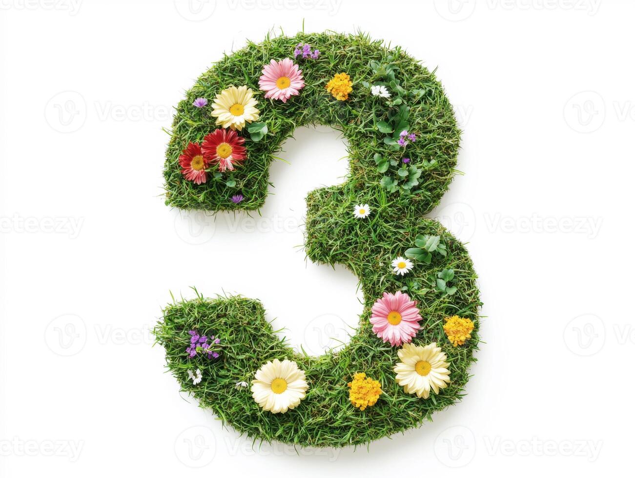 Floral number three design made of grass and colorful blooms photo