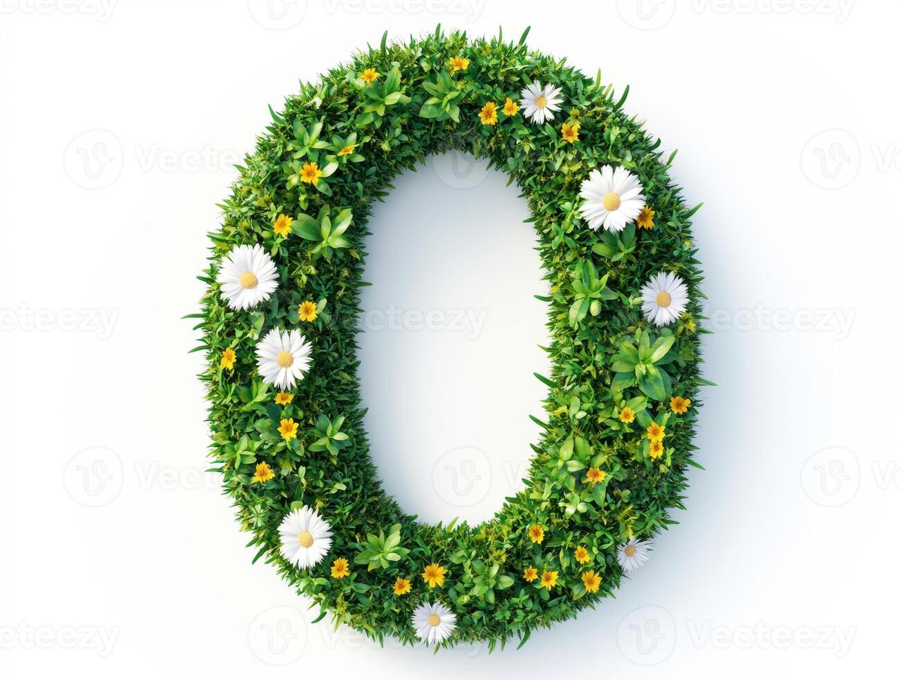 Number 0 made of green leaves and flowers on a white background photo