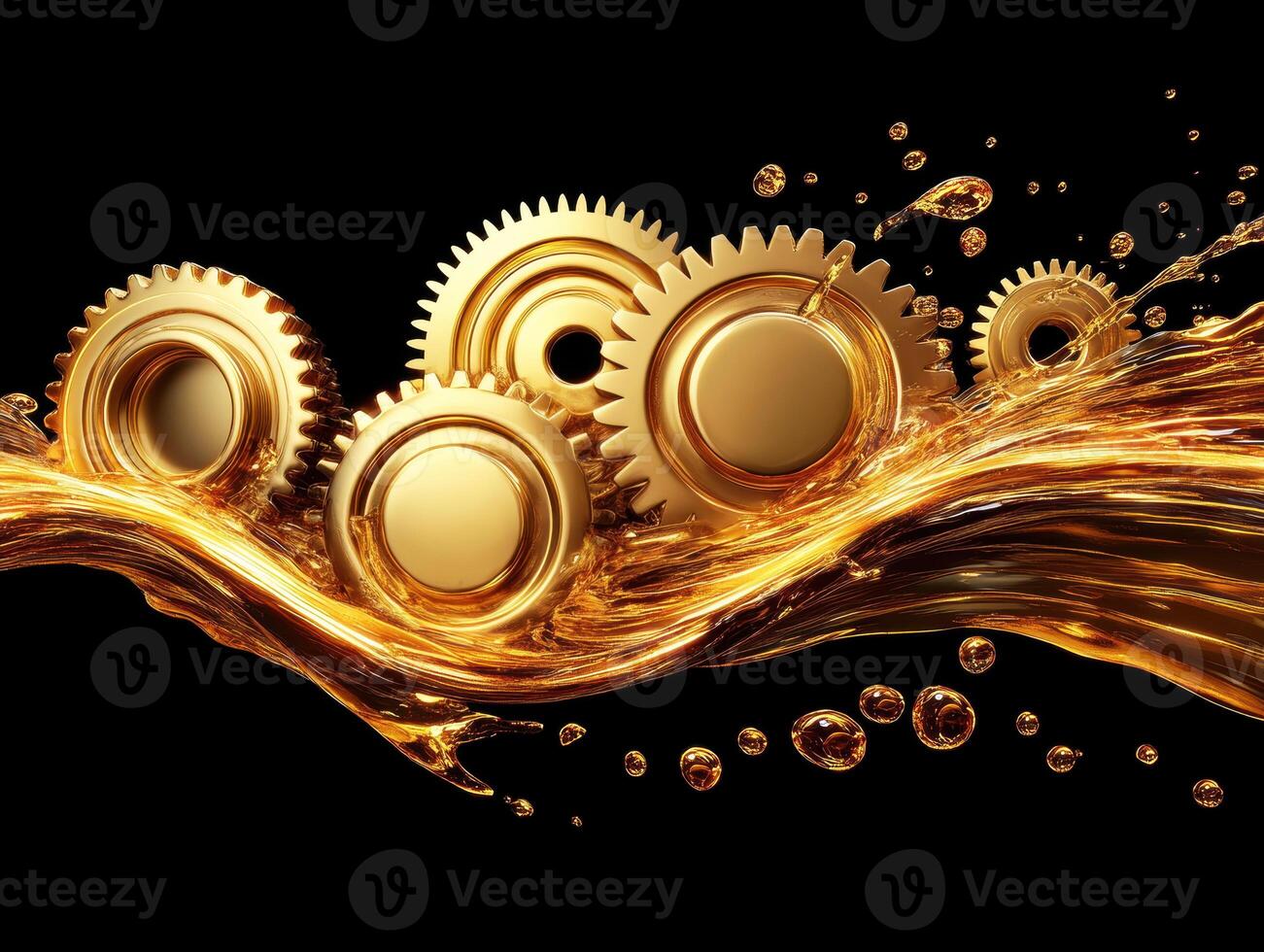 Golden gears immersed in liquid splashes create dynamic composition photo