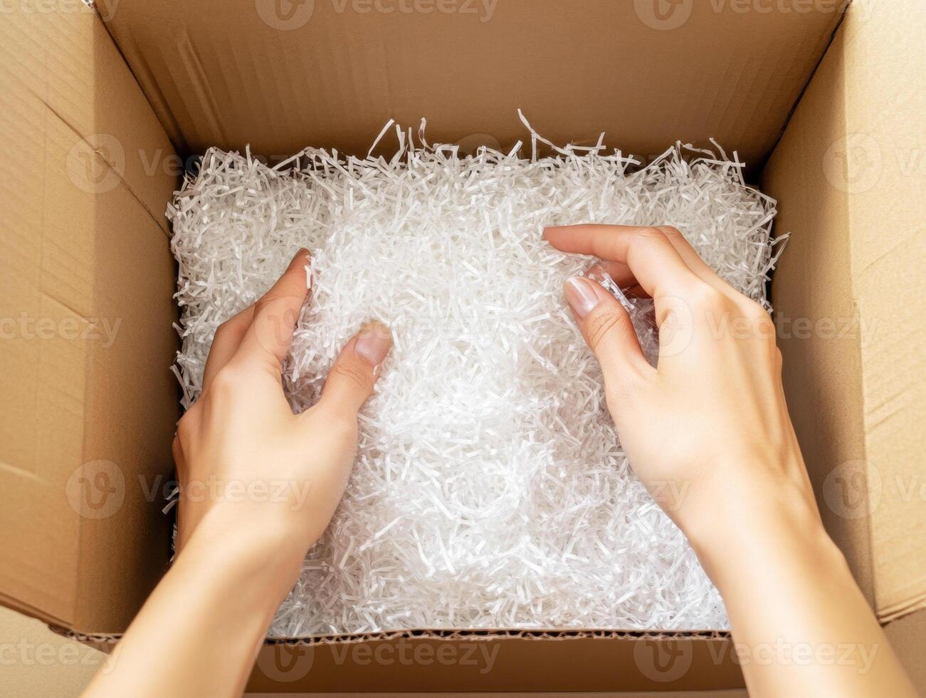 Arranging packing material in a cardboard box for shipping photo