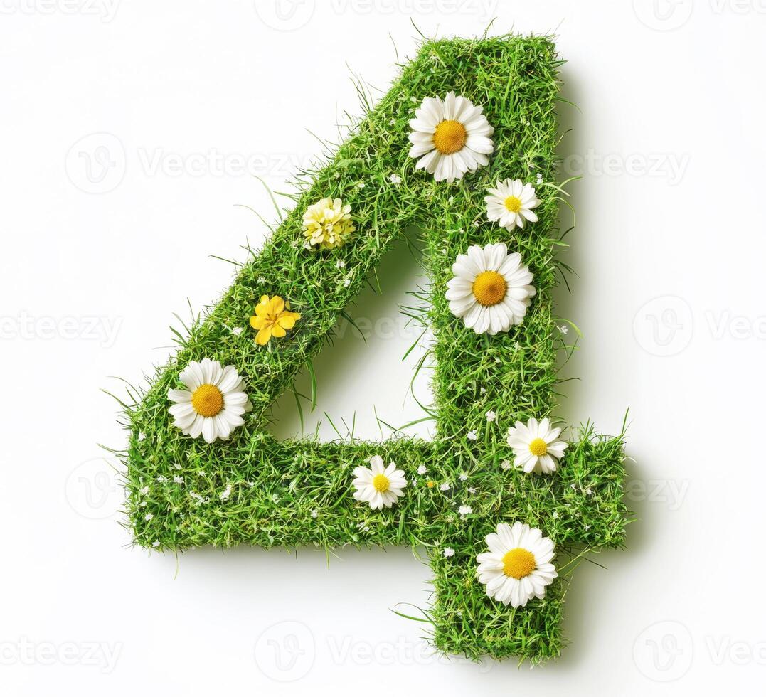 Green number four made of grass and flowers in vibrant design photo