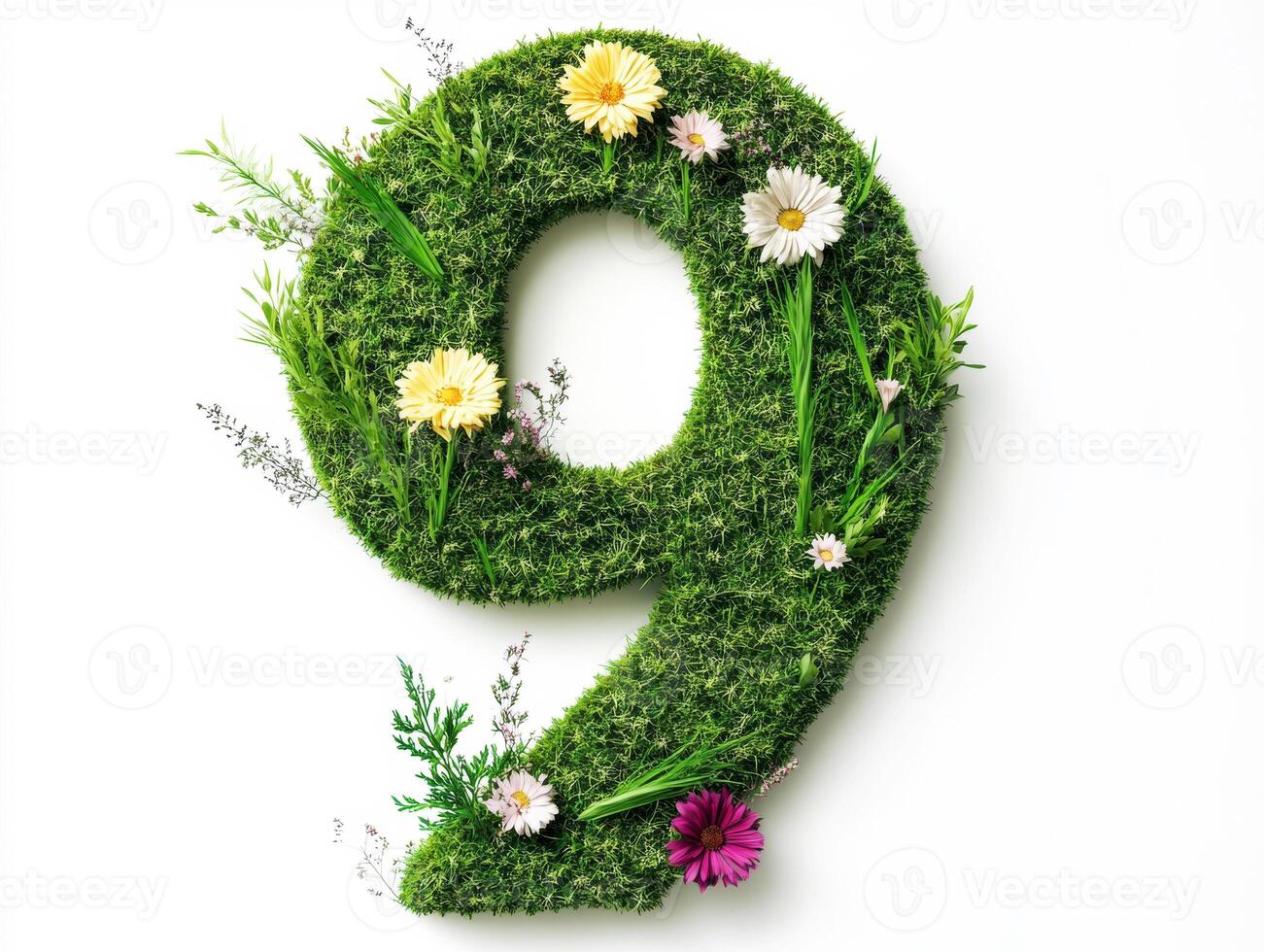 Number nine crafted from grass and flowers in a natural setting photo