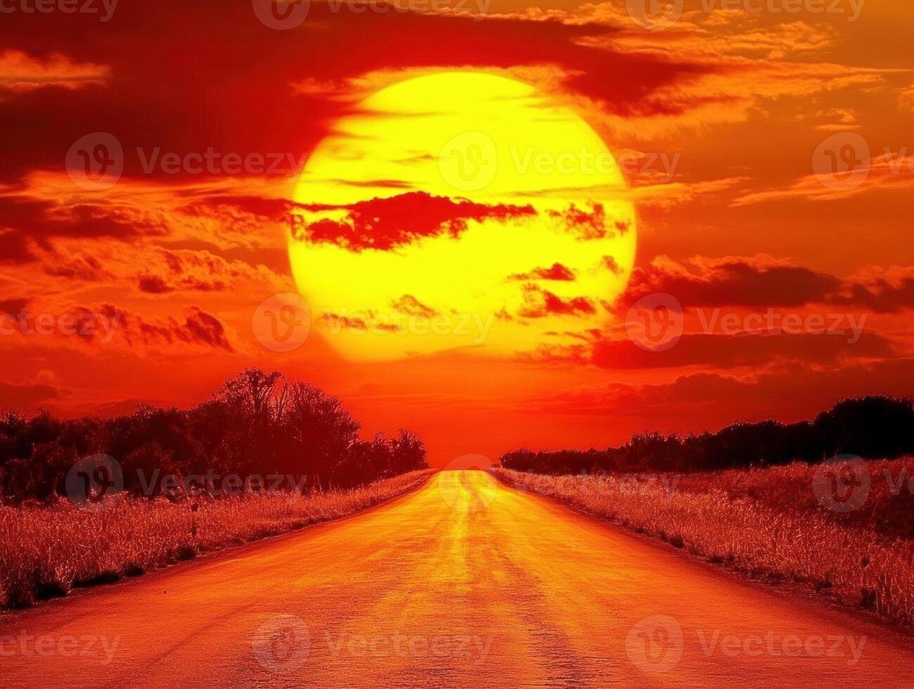 Vibrant sunset over a deserted road in a rural landscape photo
