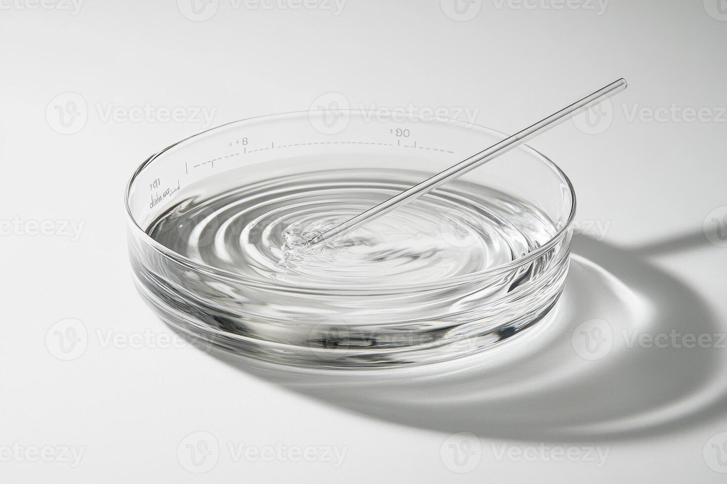 Clear water in petri dish with stirring rod creating ripples photo