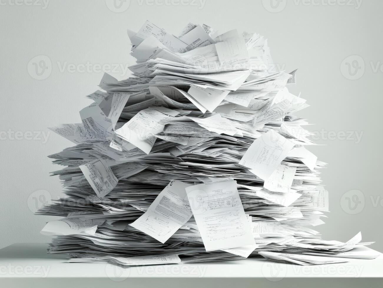 Stacked paperwork forms a large pile on a white table photo