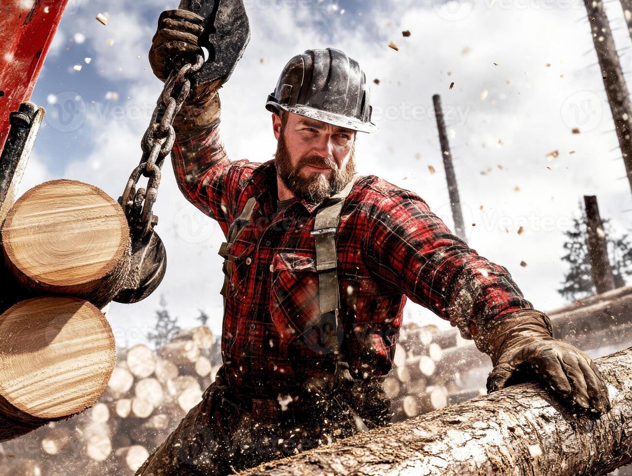 Lumberjack working hard in forest during daylight hours photo