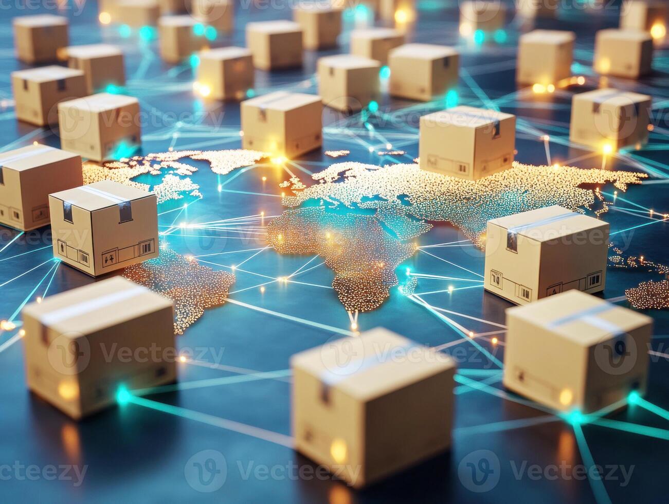 Global logistics network with cardboard boxes and connections photo