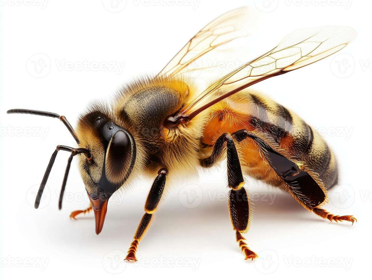 Close-up view of a bee collecting pollen on a flower photo