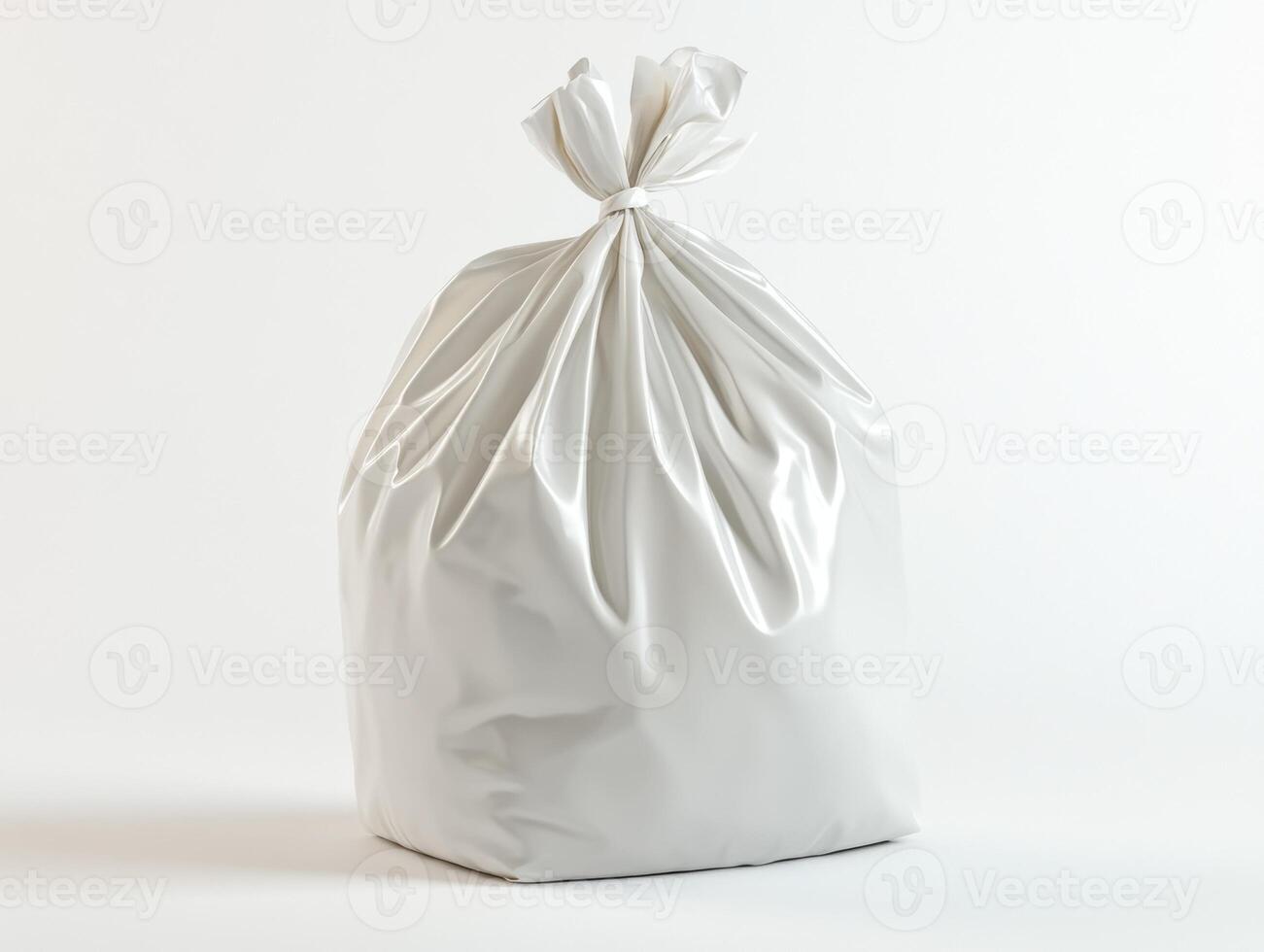 White garbage bag filled with trash in a clean environment photo
