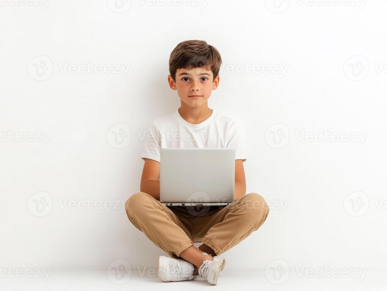Young boy sitting with laptop against plain white wall photo