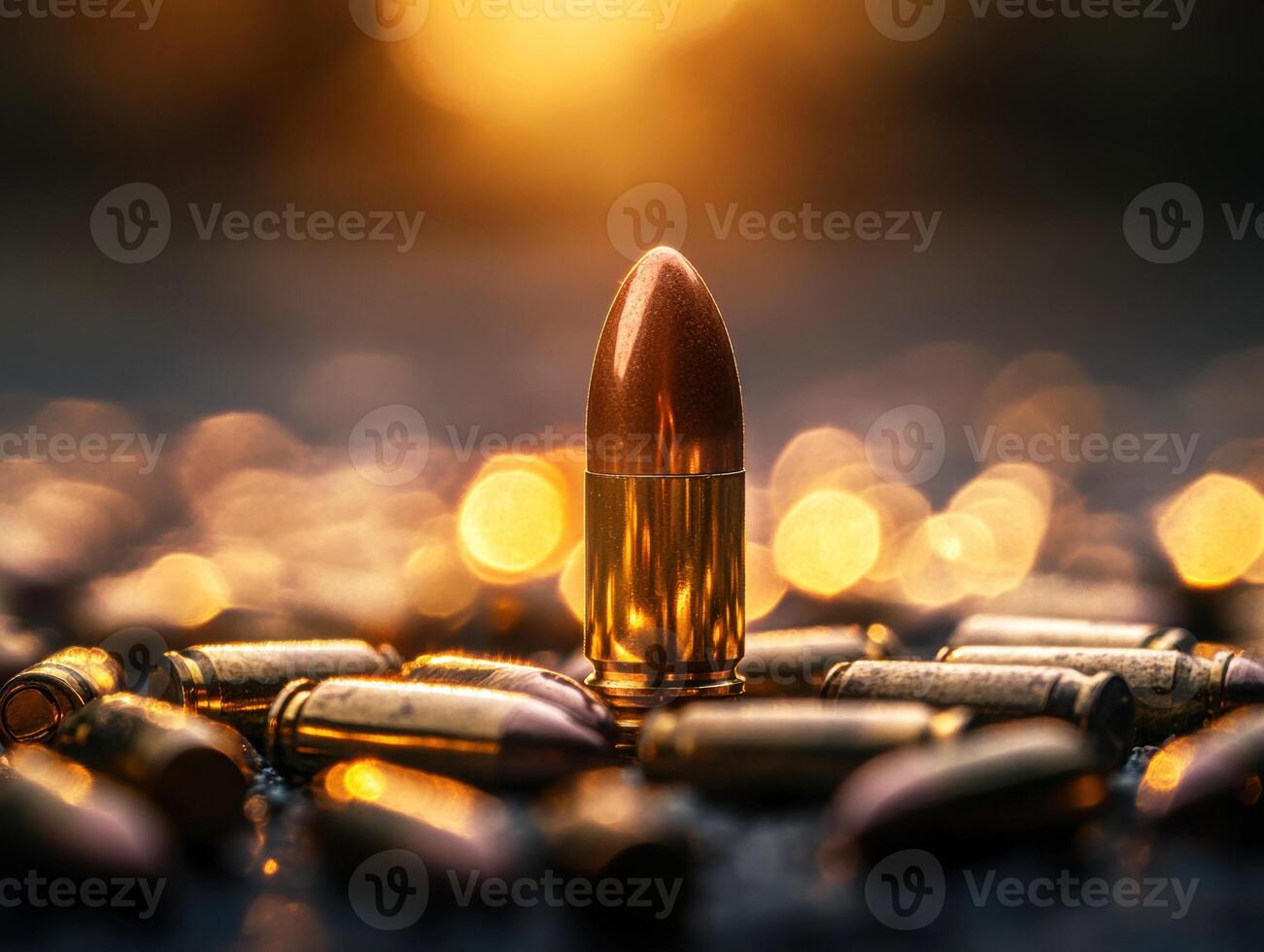 Golden bullet with a soft glow among scattered cartridges at sunset photo