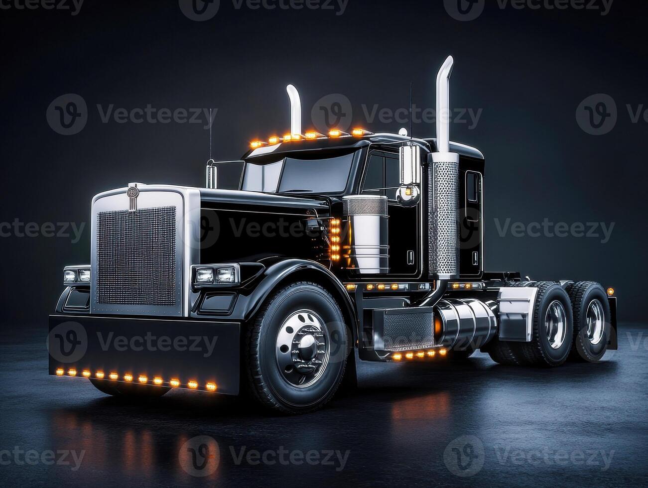 Shiny black truck with bright lights on display in a dark setting photo
