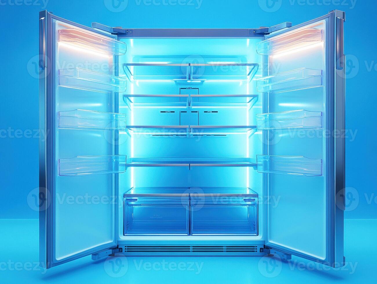 Modern refrigerator illuminated with blue light in a kitchen setting photo
