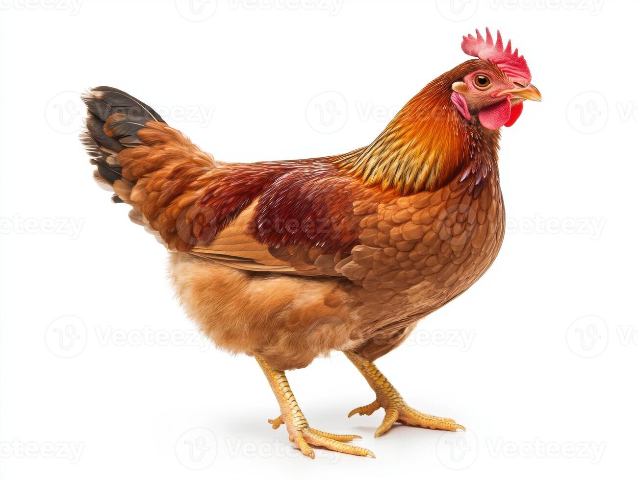 Brown hen standing on a white background in a domestic setting photo