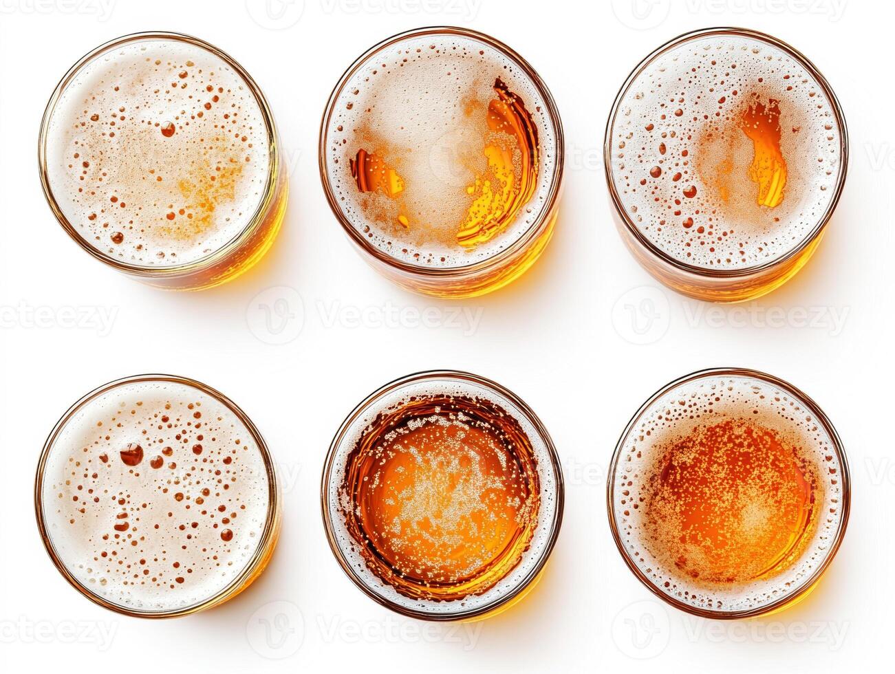 Craft beers arranged aesthetically in six glasses on a white surface photo