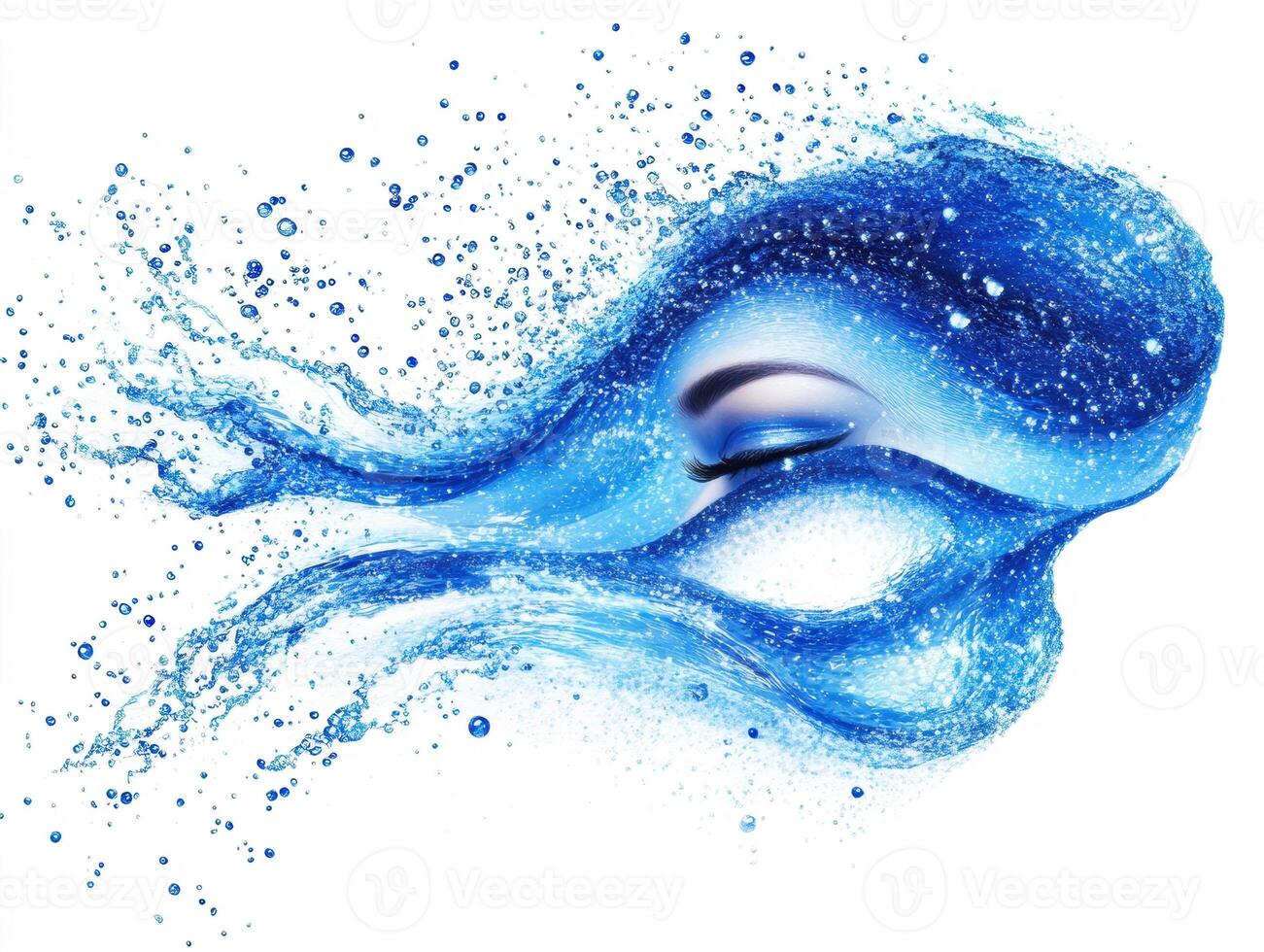 Creative design of woman face a flowing blue water splashes photo