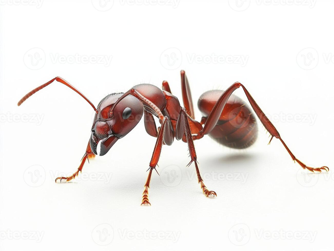Close-up view of a red ant on a white surface photo