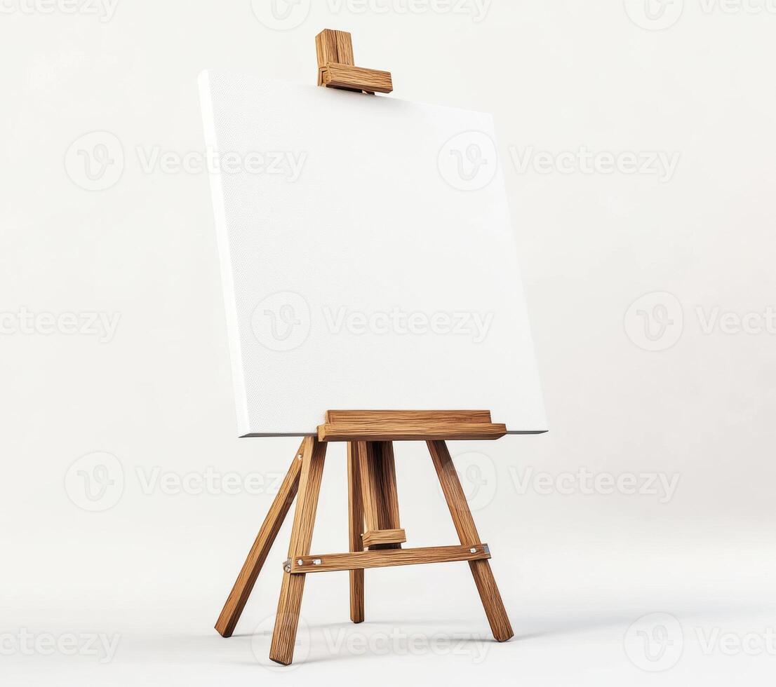 Empty canvas on wooden easel ready for artistic creation photo