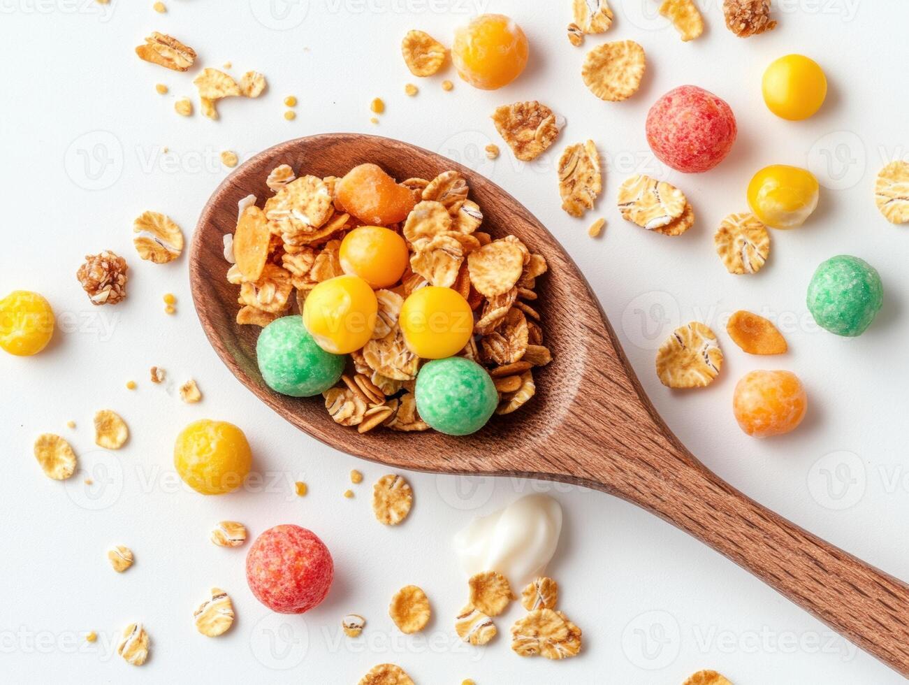 Colorful cereal mix displayed in a wooden spoon on a white background photo