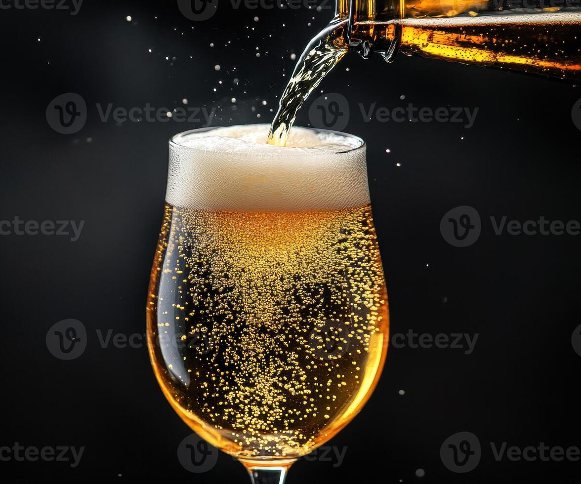 Golden beer poured into a glass with bubbles sparkling brightly photo