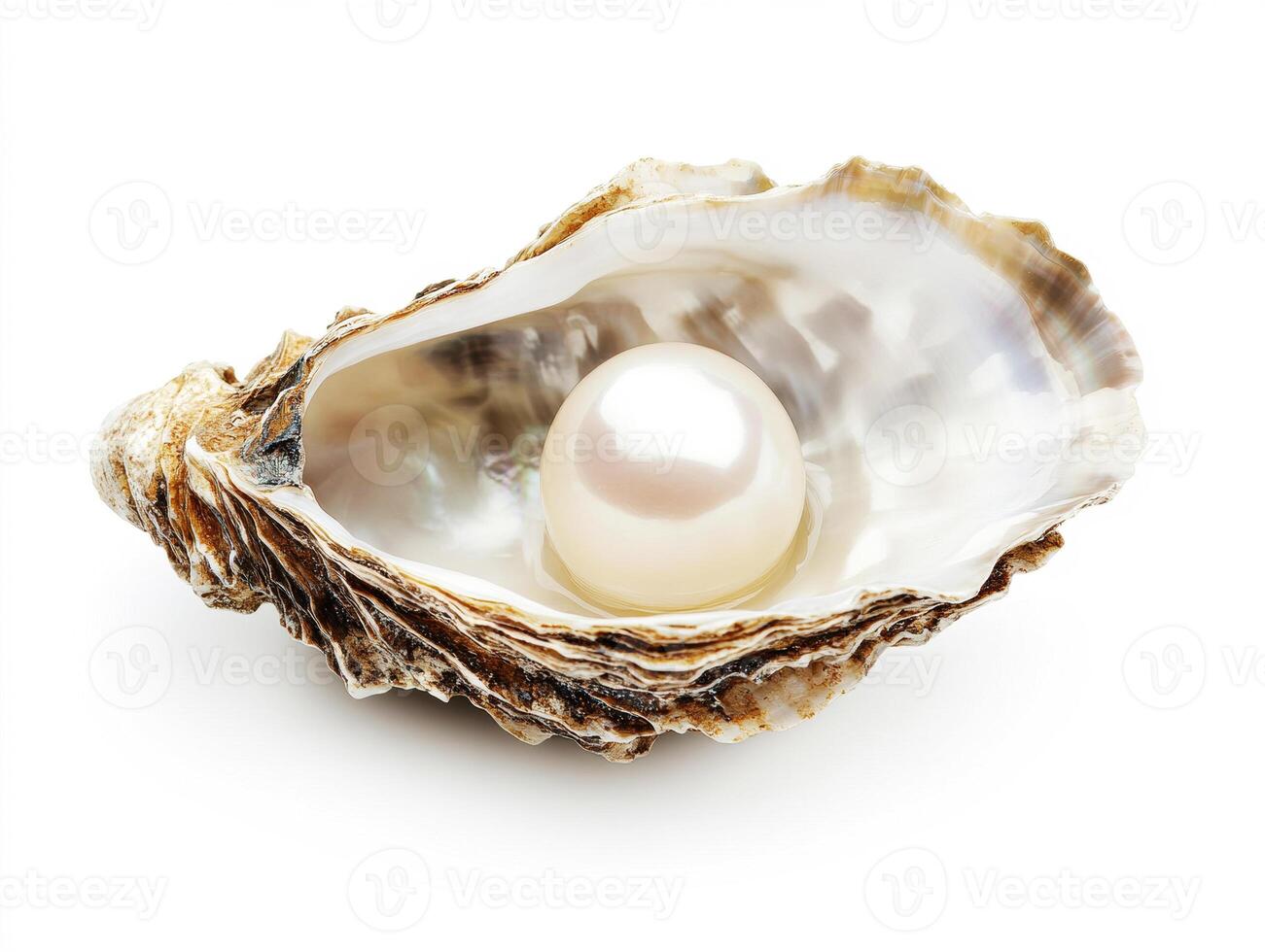 Beautiful pearl nestled inside an oyster shell on a white background photo