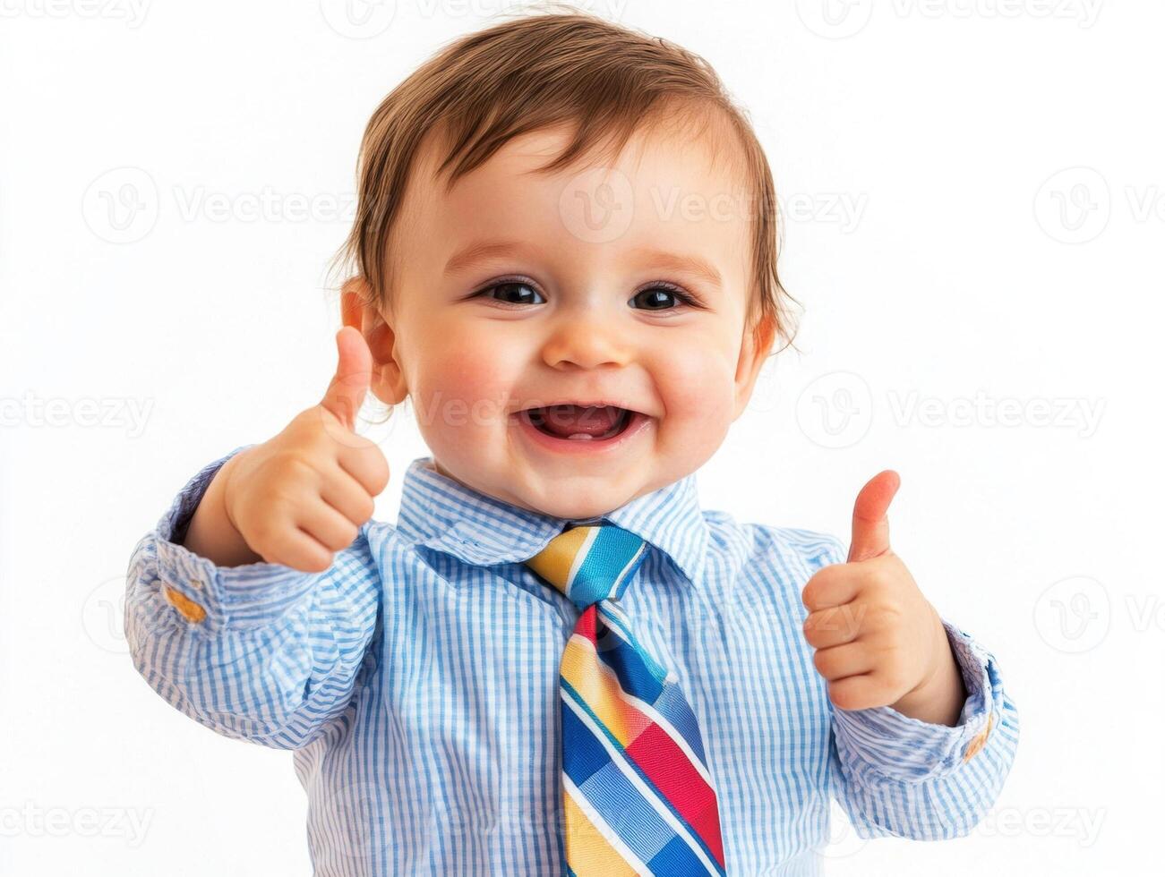 Happy toddler giving thumbs up in a colorful outfit photo