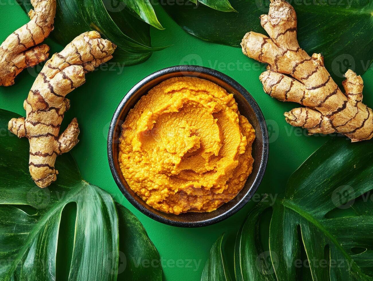Bright turmeric paste surrounded by fresh turmeric roots and foliage photo