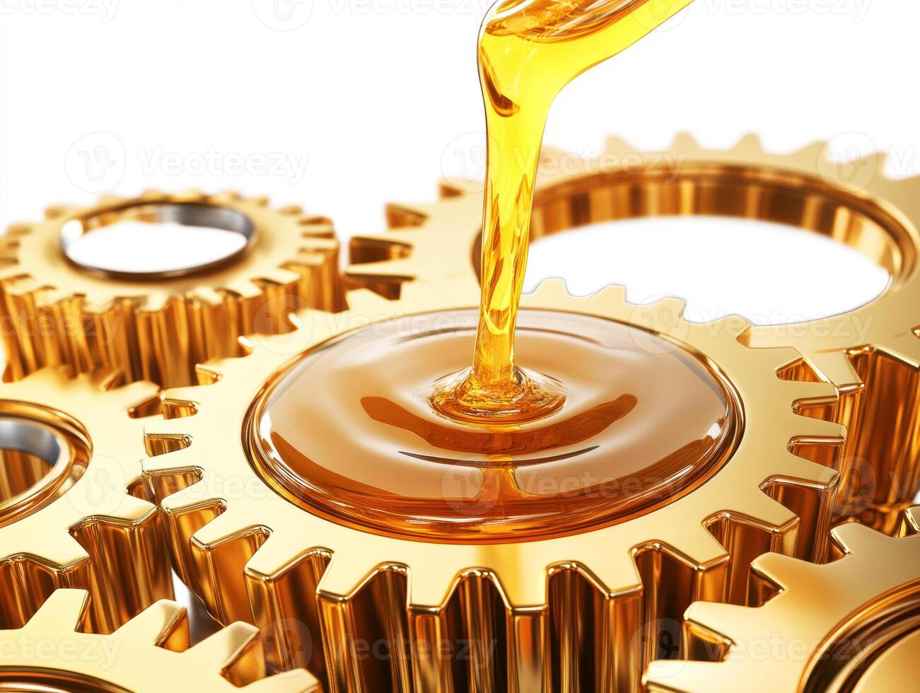 Engine oil being poured onto golden gears in mechanical setup photo