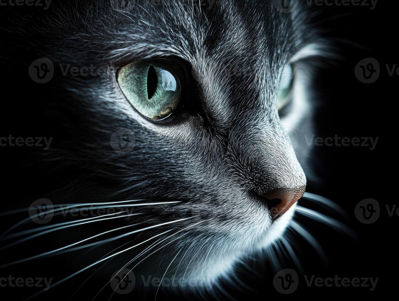 Close-up of a gray cat with striking green eyes and whiskers photo