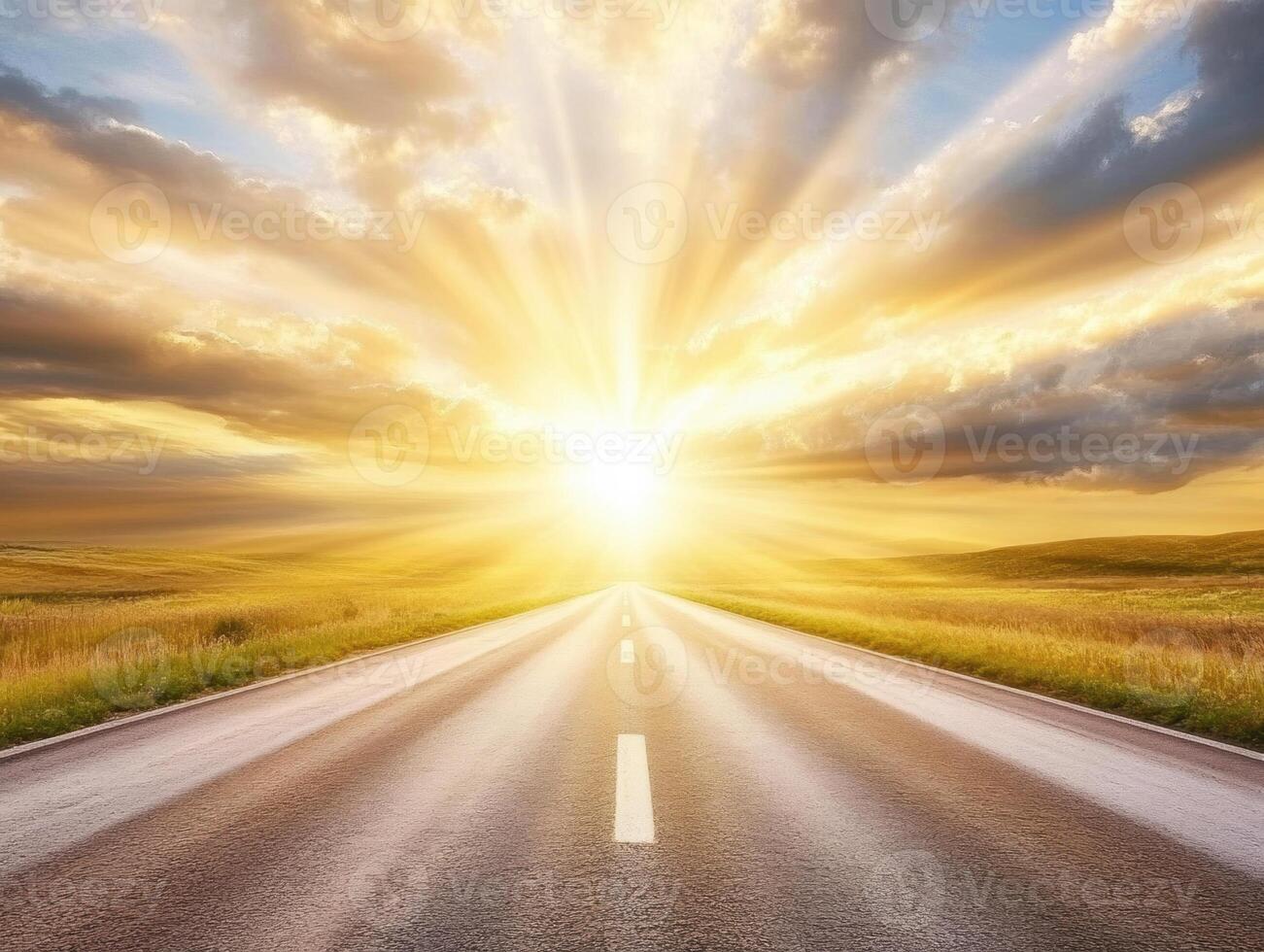 Bright sunrise over an open road with golden light rays photo
