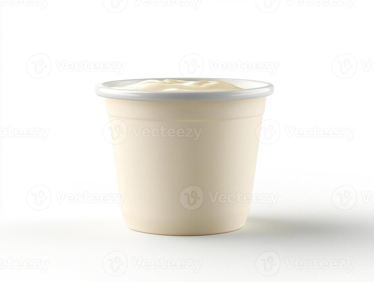 Creamy white yogurt in a plain container on a neutral background photo