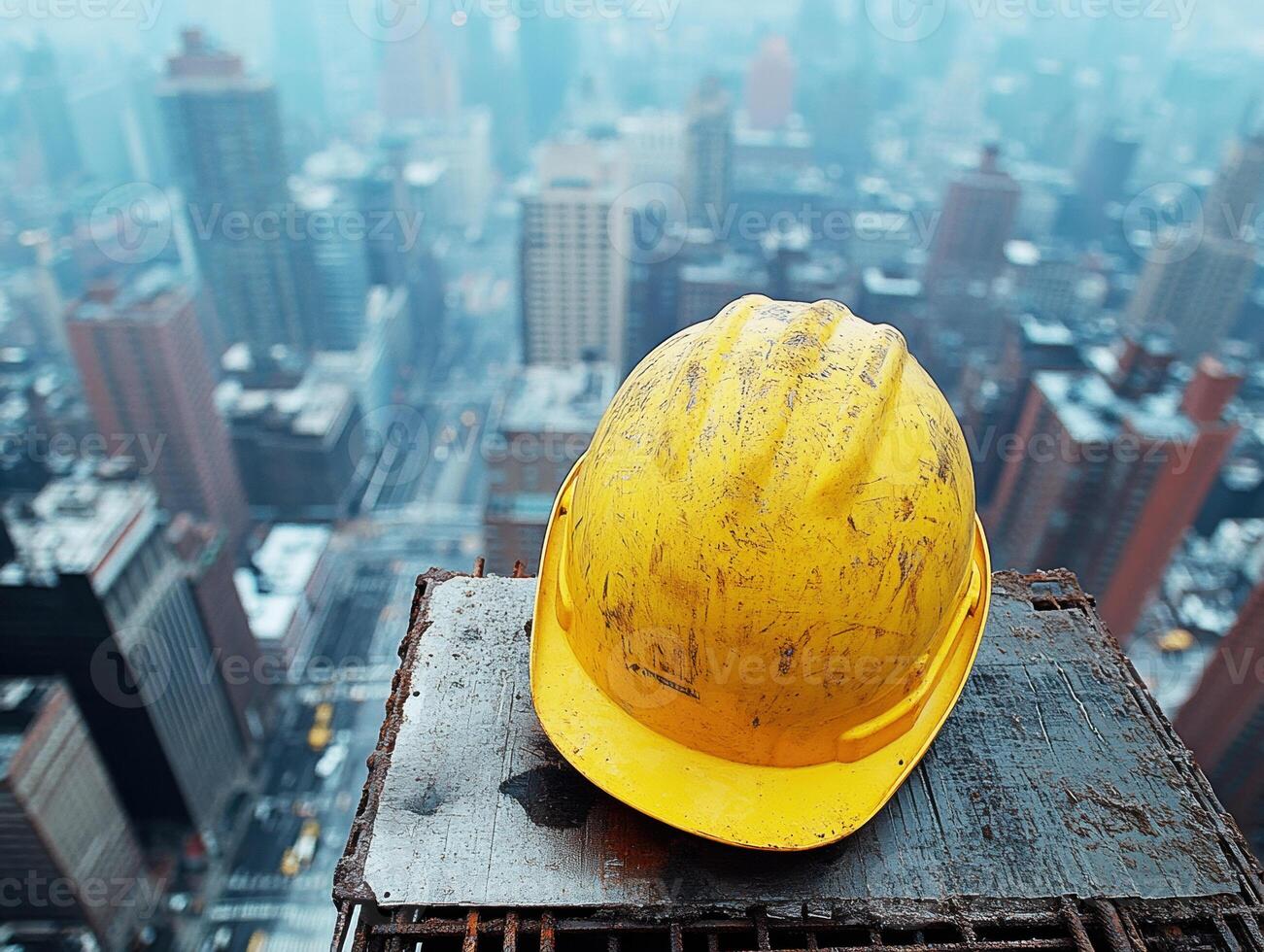 Yellow hard hat resting on construction site edge in skyline view photo