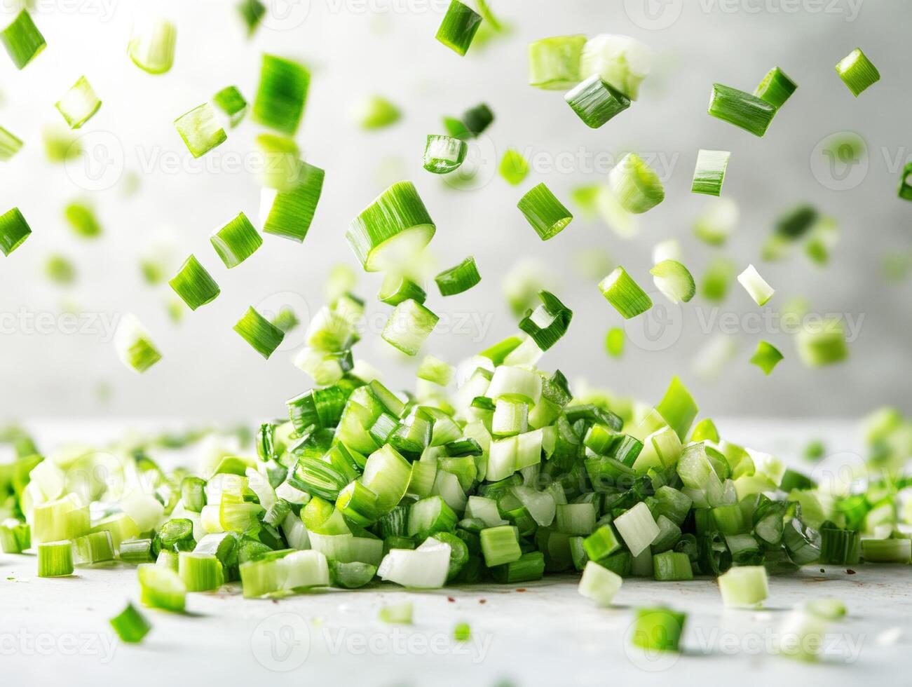 Chopped green onions falling on a white surface in bright light photo