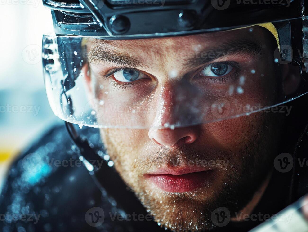 Intense ice hockey player focused during game preparation photo
