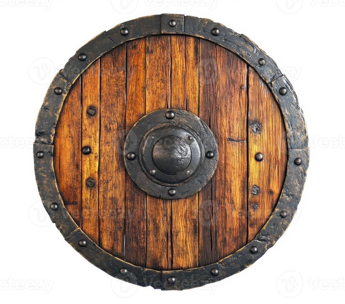 Wooden shield with metal accents used in historical reenactments photo