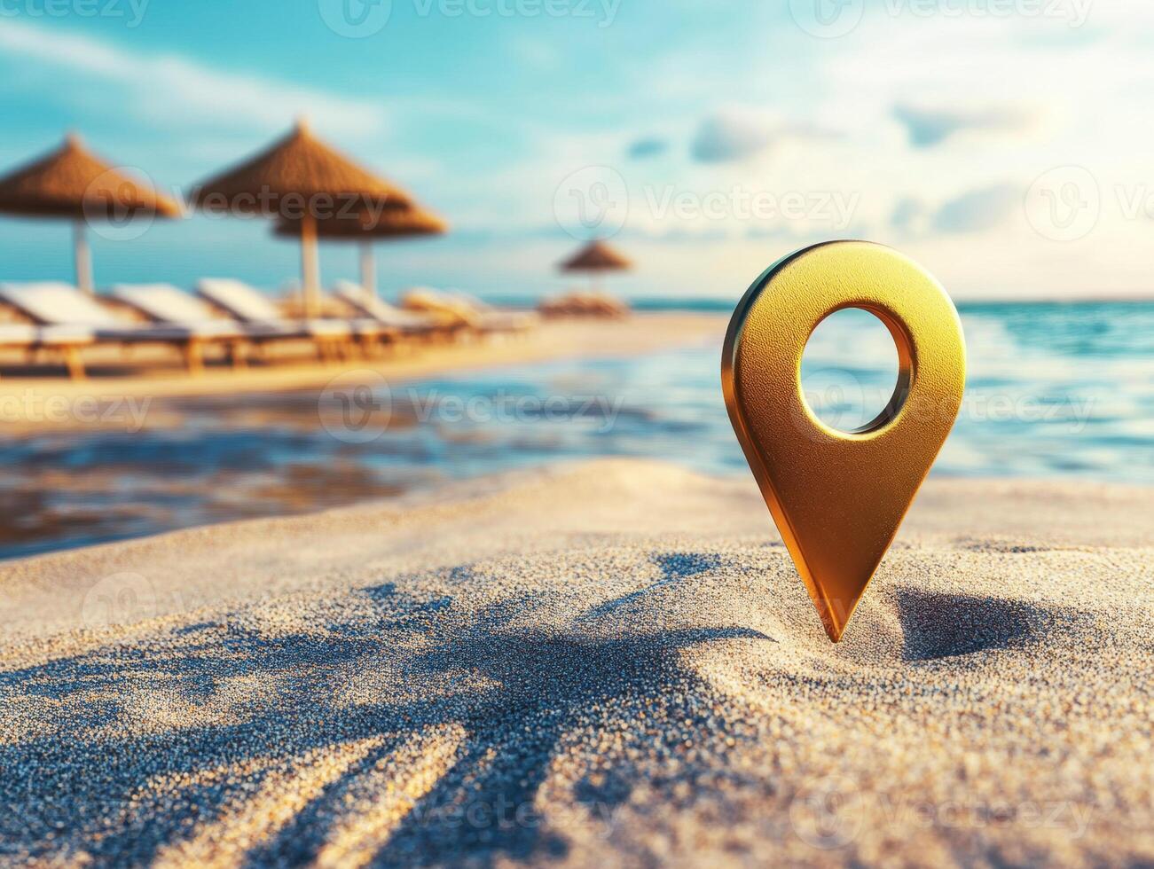 Location marker on beach with loungers and umbrellas in background photo