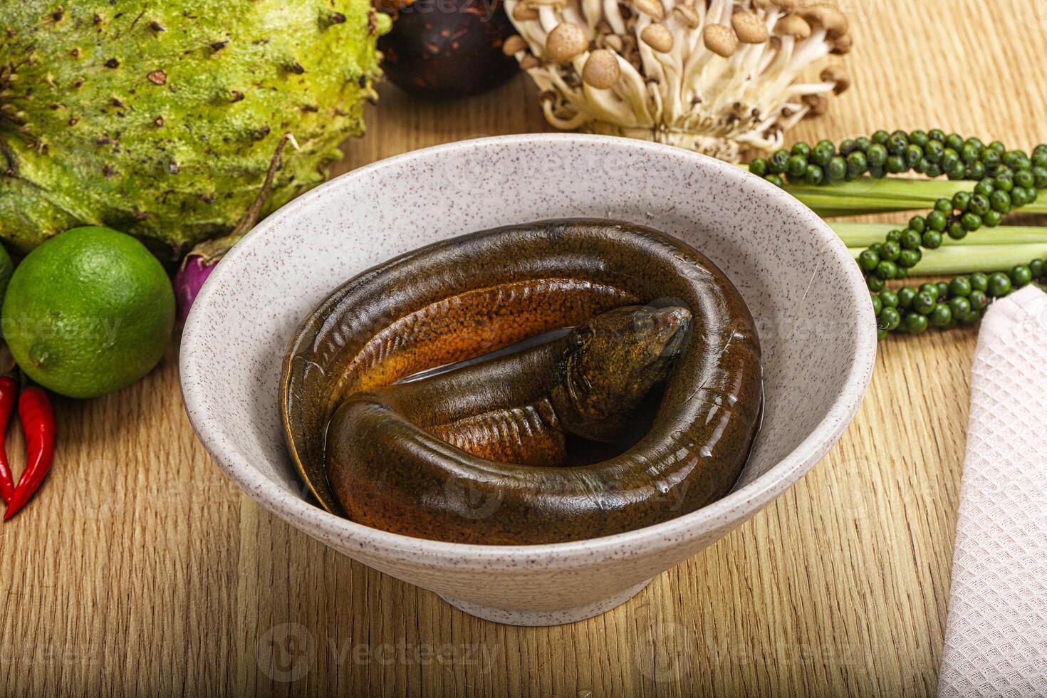 A bowl of food with a snake in it photo