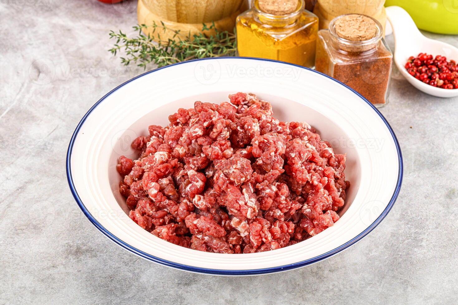 A bowl of ground beef with spices and herbs photo
