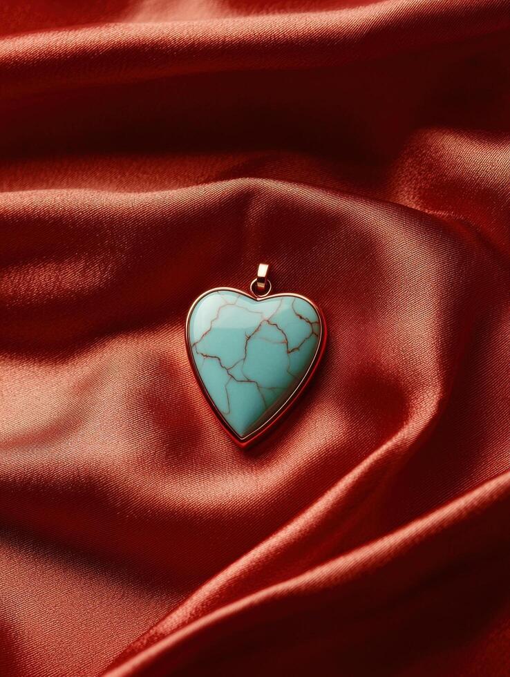 Heart shaped pendant on red silk fabric photo