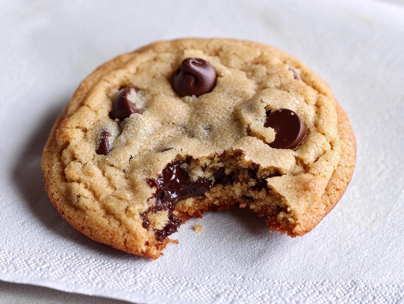 A delicious chocolate chip cookie with a bite taken out photo