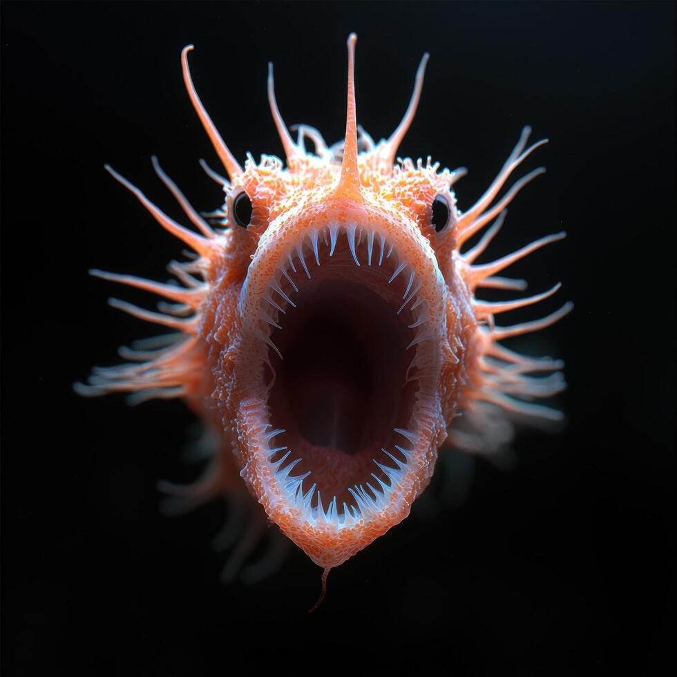 A menacing hairy frogfish with a wide open mouth full of sharp teeth photo