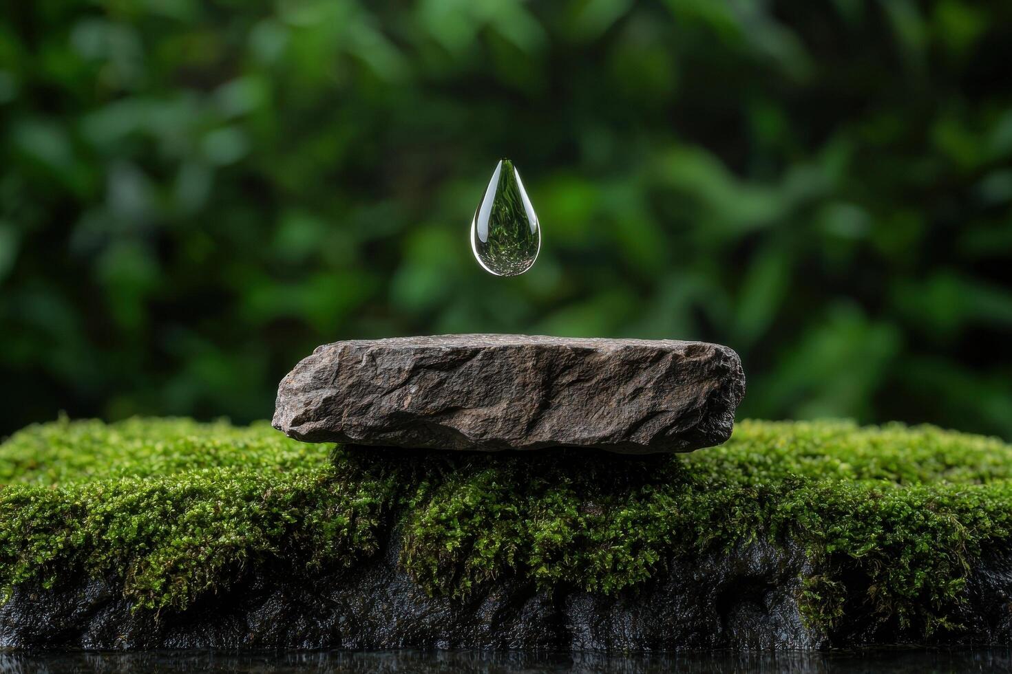 Water drop levitating over a stone on moss photo